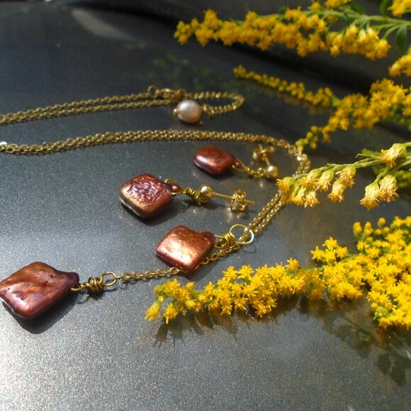 RARE Natural Keshi pearl Double dangle Necklace Stud earring set, dangle pearls - Picture 2 of 7